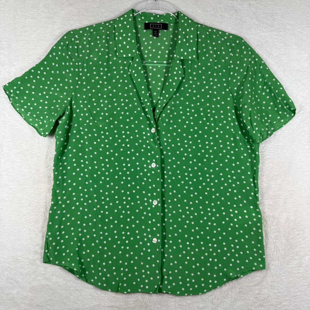 AYR Green Polka Dot Silk Blend Short Sleeve Button Down Shirt XS 10137